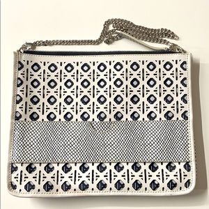 Black and white leather and cotton clutch